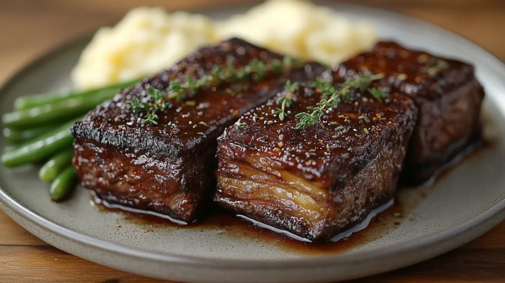 Braised short ribs with mashed potatoes and green beans