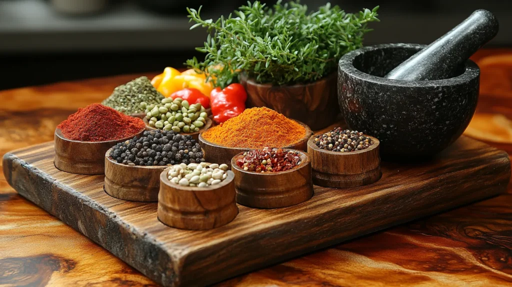 Key spices for oxtail seasoning on a wooden board with mortar and pestle.