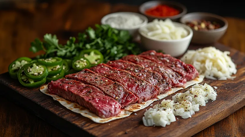 Fresh ingredients for steak quesadilla on a wooden board.