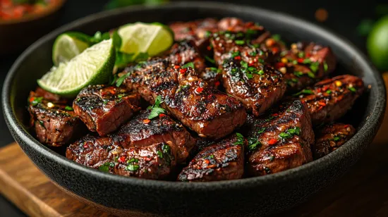 Marinated steak with fresh ingredients.