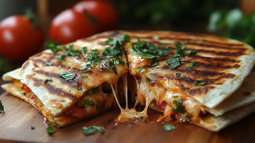 Quesadilla being pulled apart with melted cheese stretching