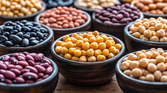 Assorted beans in bowls showcasing their variety and nutrition.