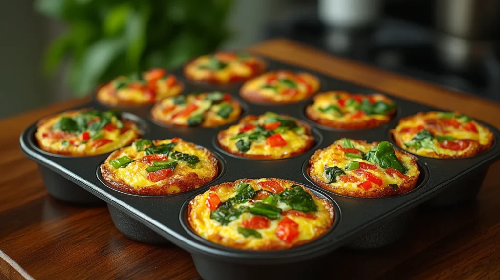 Homemade egg bites with spinach, bell peppers, and cheese in a muffin tin.