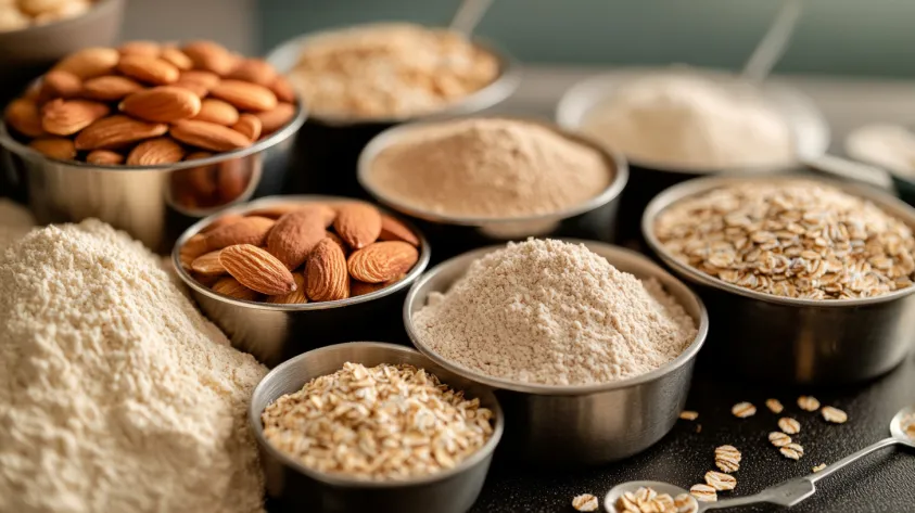 Alternative flours in bowls on a kitchen counter.