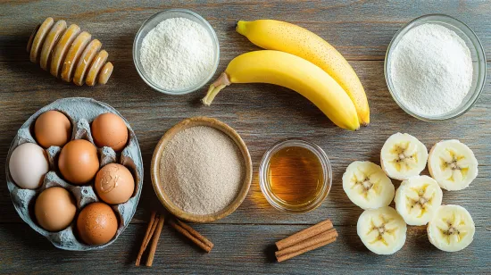 Banana bread ingredients on a table.