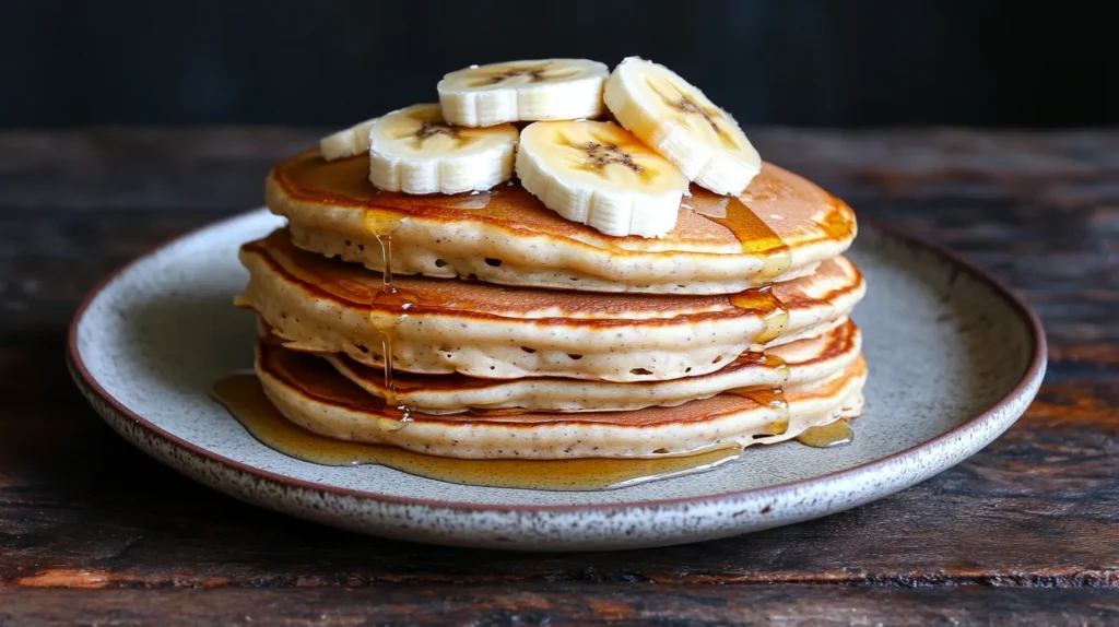 Banana pancakes stacked on a plate with syrup and banana slices.