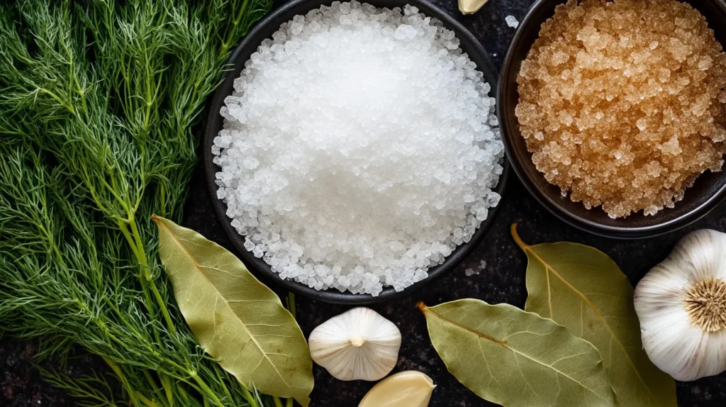 Overhead view of brine ingredients for smoked salmon, including salt, sugar, and fresh herbs.