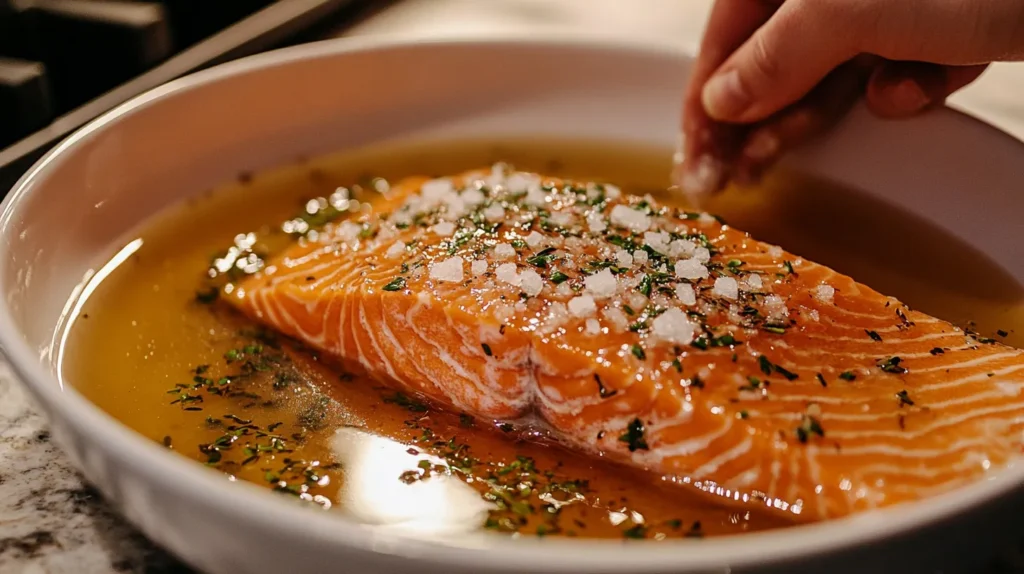 Salmon filet being dipped into a bowl of brine solution