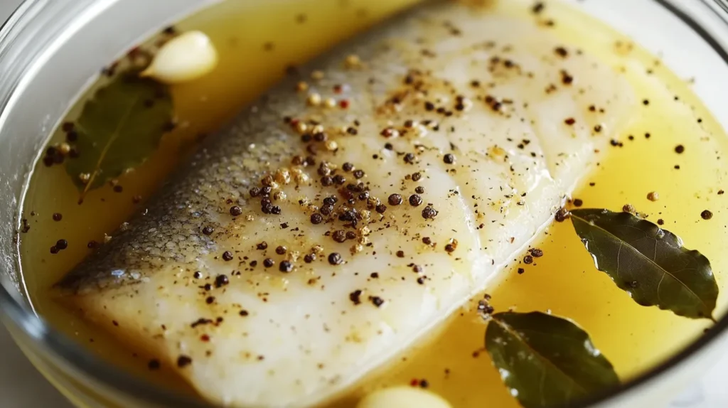 Fish fillet submerged in brine with spices like bay leaves and peppercorns.