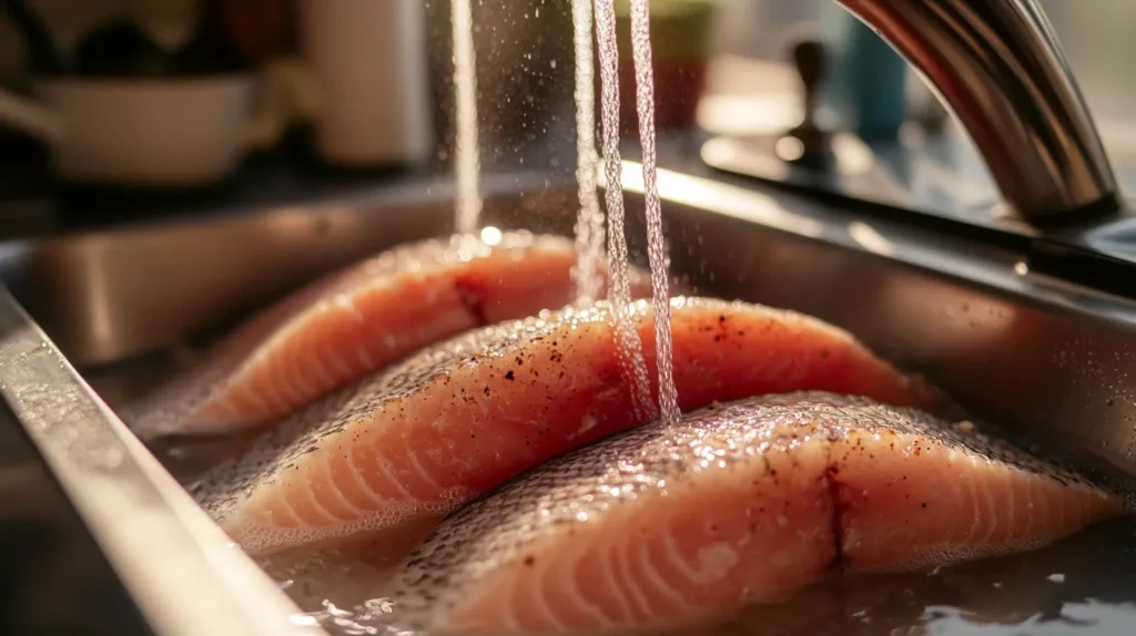 Cook rinsing fish fillets under cold water in a kitchen sink.