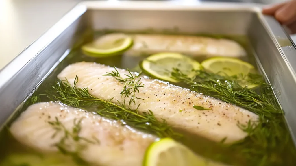 Chef adjusting fish fillets in a bowl of brine solution.