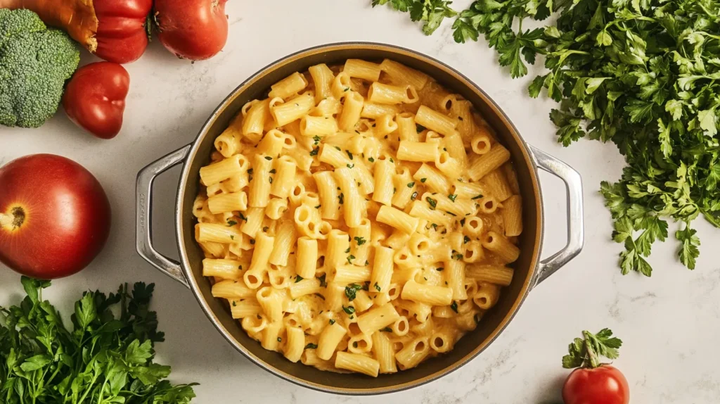 Ditalini pasta cooking in a pot with fresh vegetables and herbs on a countertop.