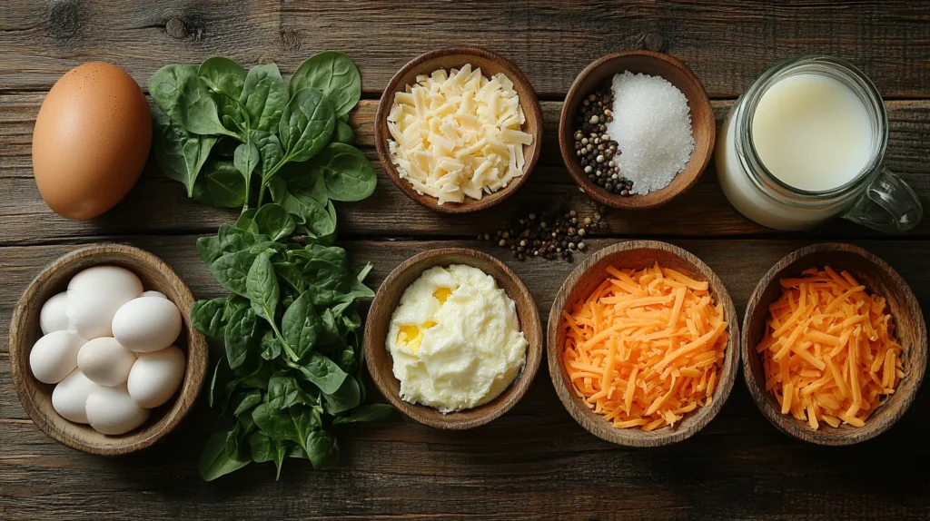 Fresh spinach, eggs, cheese, and milk ingredients laid on a kitchen counter.