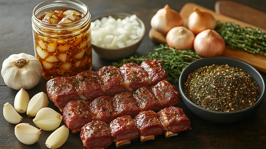 Fresh beef short ribs, a jar of oxtail seasoning, garlic, onions, and herbs on a kitchen counter.