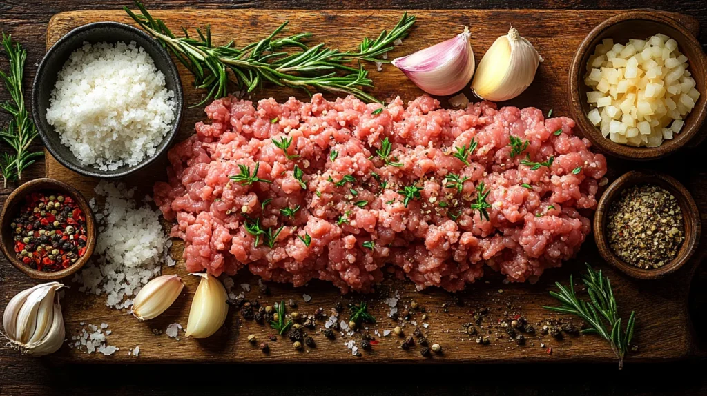 Fresh ground beef, chopped onions, garlic, breadcrumbs, and seasonings on a wooden cutting board.