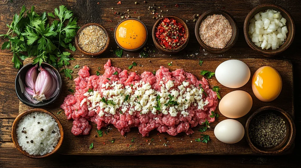 Fresh ground beef, chopped onions, garlic, breadcrumbs, eggs, and seasonings on a wooden cutting board.