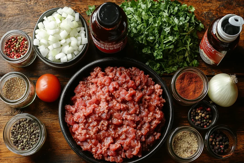 Fresh ingredients for homemade chop steak, including ground beef, onions, Worcestershire sauce, and a blend of spices on a wooden countertop.