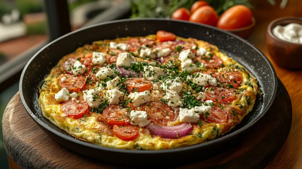 A Greek omelette cooking in a pan with golden edges and visible feta and vegetables.