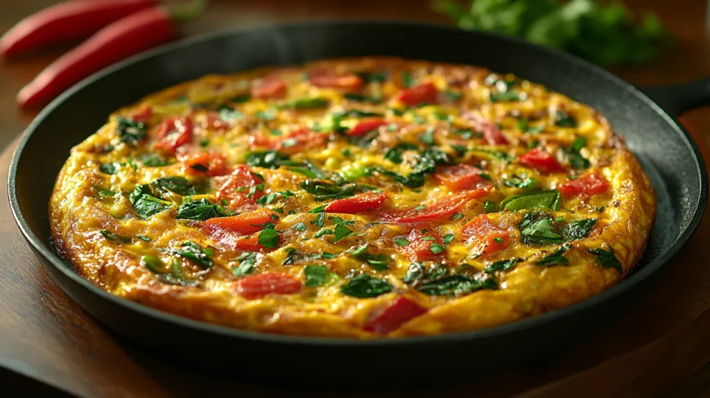 A frittata cooking in a non-stick skillet with vibrant vegetables and melting cheese. Title: Frittata Cooking in a Skillet with Vegetables