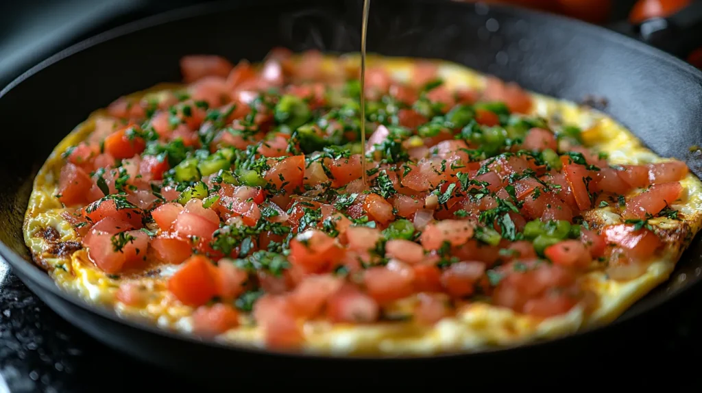 Sautéed vegetables in a skillet with eggs poured on top for a Mexican omelette.