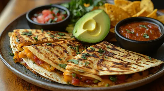 Quesadilla platter with sides like avocado, tortilla chips, and salsa.