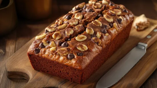 Banana bread with chocolate chips and walnuts on a serving board with a dusting of cinnamon.