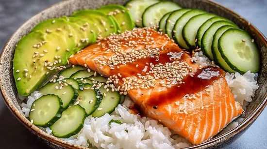 Assembled salmon rice bowl recipe with salmon, rice, avocado, cucumber, and sesame seeds.