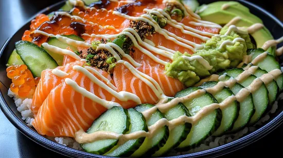 Sushi-inspired salmon bowl with fresh toppings and spicy mayo.