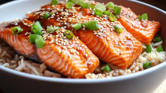 Teriyaki salmon served on jasmine rice with sesame seeds.