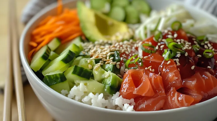 Colorful smoked salmon poke bowl with rice and vegetables.