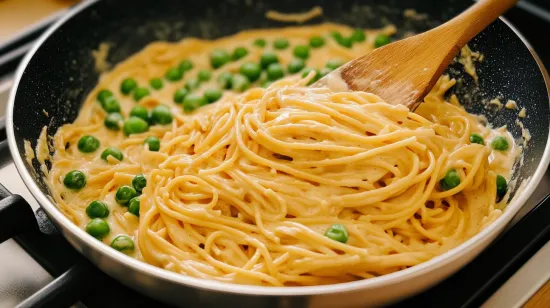 Skillet of creamy pasta and peas being stirred.