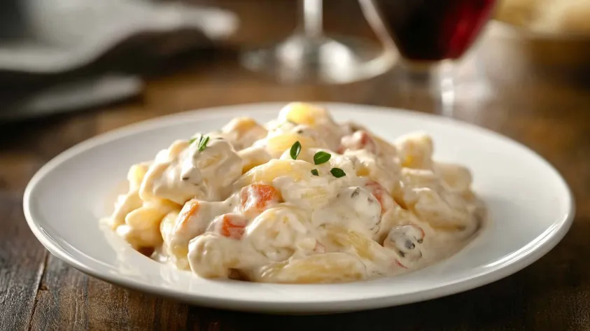 Creamy Pasta e Piselli on a plate with wine in the background.