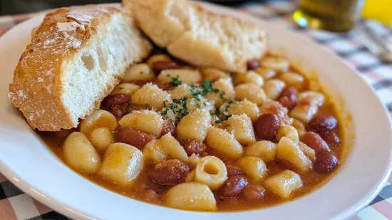 Pasta e fagioli served with crusty bread on a table