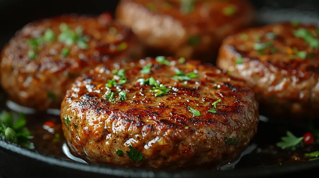 Chopped steak patties sizzling in a cast-iron skillet with a rich brown sear.