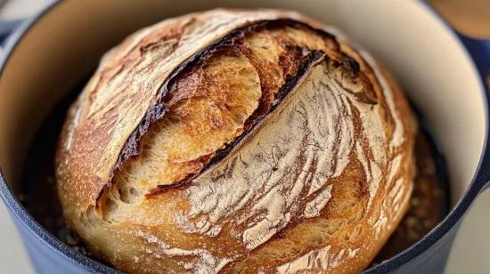 No-knead bread in a Dutch oven with a golden crust.