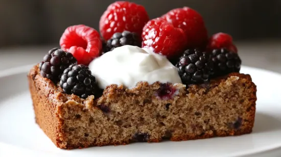 Healthy banana bread slice with Greek yogurt and berries.