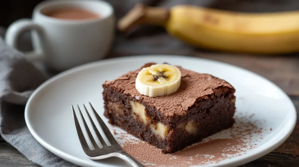 Moist banana brownies served on a plate.