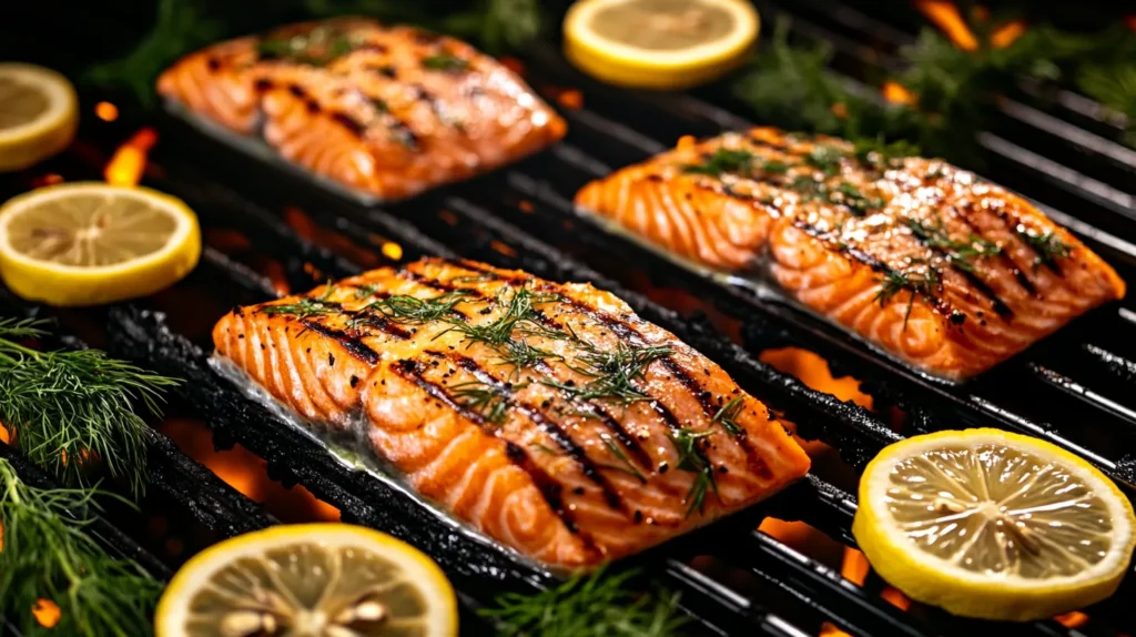 Grilled salmon filets with lemon and dill