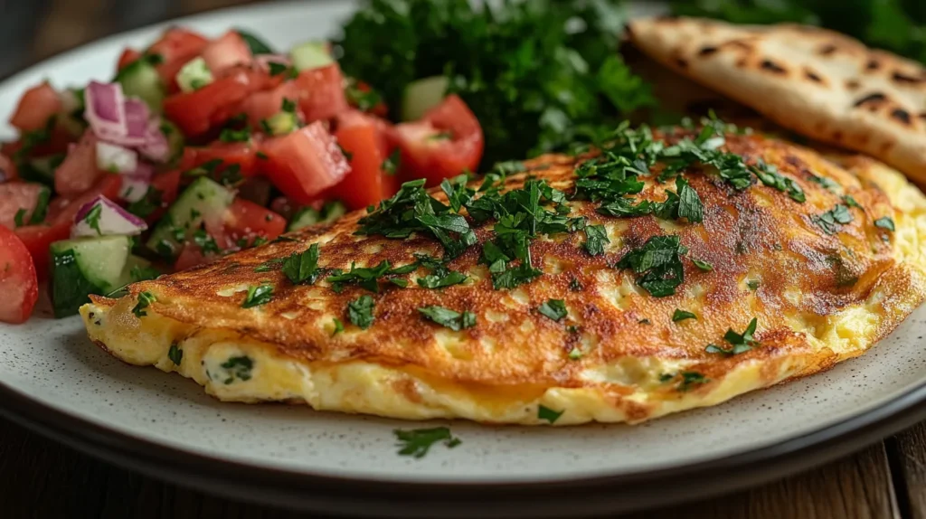 A finished Greek omelette on a white plate, garnished with parsley and served with fresh salad and pita bread.