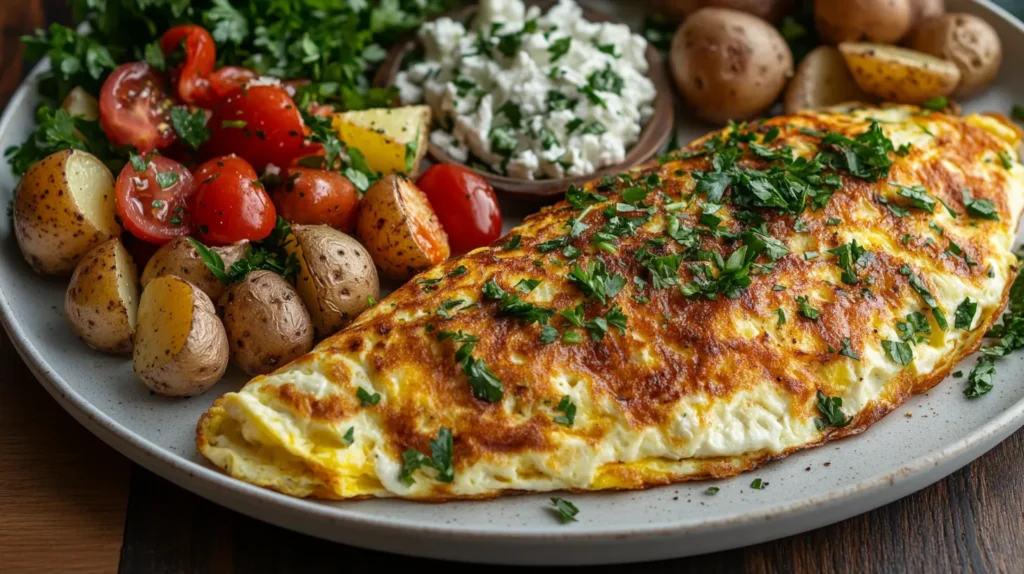 A Greek omelette served with Greek salad, roasted potatoes, and pita bread, garnished with fresh parsley.