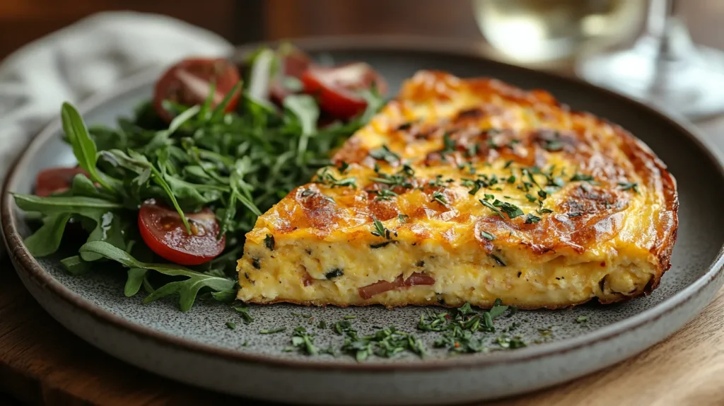 A slice of golden frittata garnished with herbs, served with a fresh green salad and a glass of white wine.