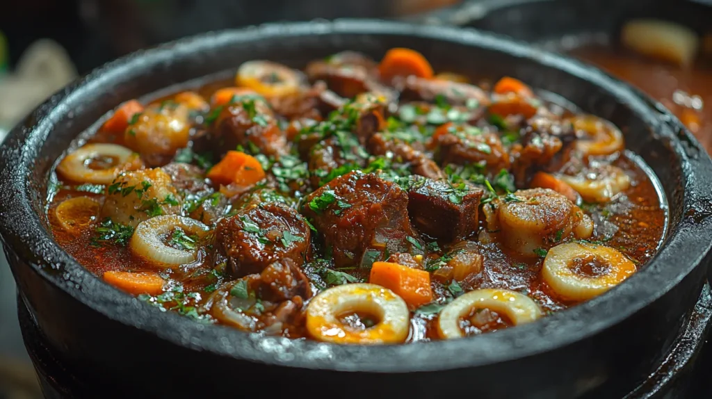 Oxtails and short ribs simmering in a tomato-based broth with vegetables.