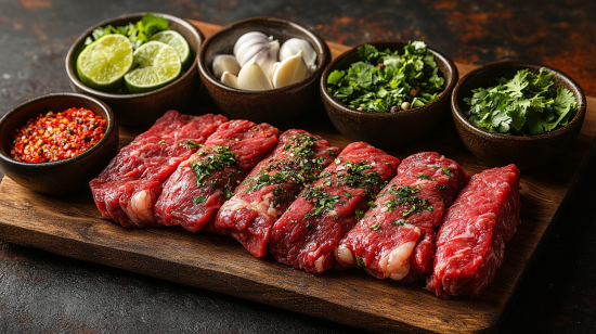 A raw flank steak on a wooden cutting board with marinade ingredients around it.