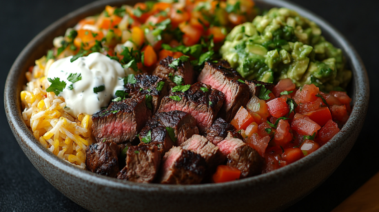 A Chipotle bowl with steak, salsa, and toppings allowing customization of spice levels.