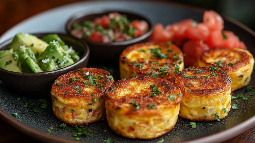 Dunkin Donuts Omelette Bites served with salsa and avocado slices.