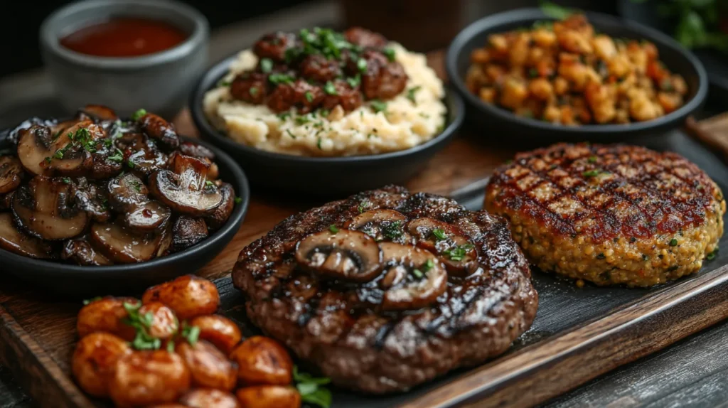 Three plates of chopped steak variations: mushroom and onion topping, keto-friendly with cauliflower mash, and vegan lentil patties.