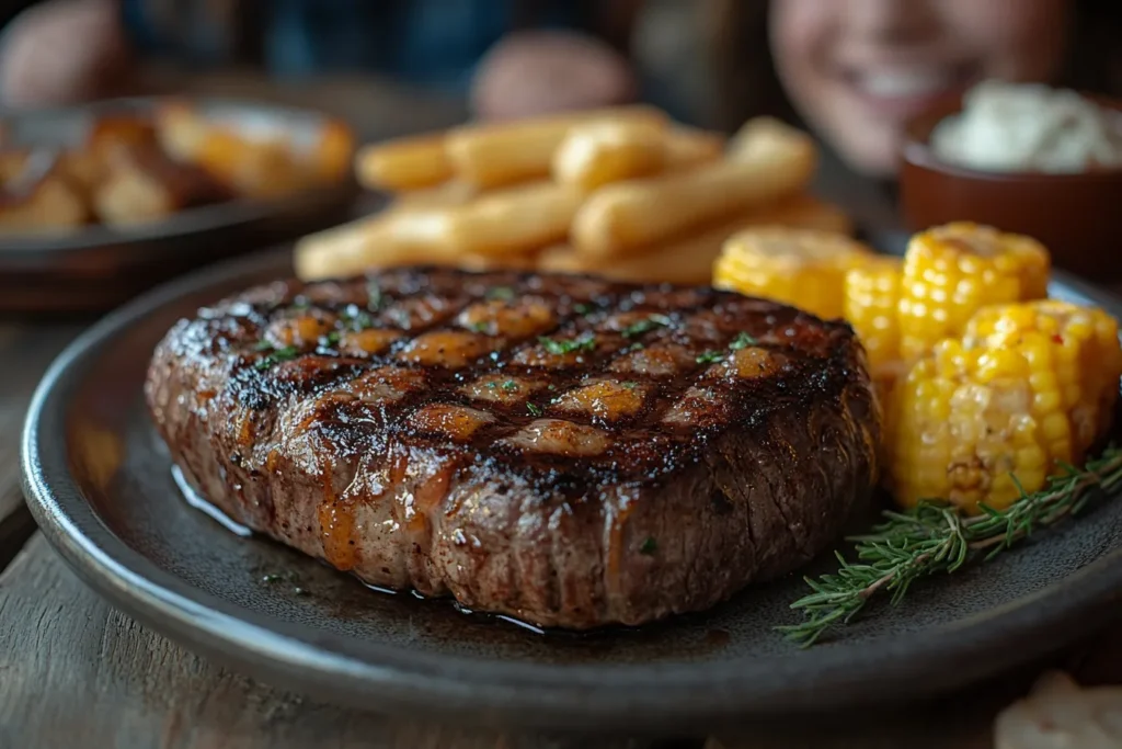 A happy family dining at Texas Roadhouse, enjoying chop steak and other dishes in a cozy and inviting restaurant setting.