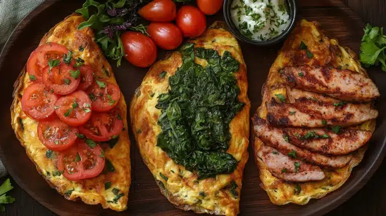 Greek Omelette Recipe: A Complete Guide 13 Different variations of Greek omelettes, including vegetarian, low-calorie, and meat-lover versions, displayed on wooden plates.