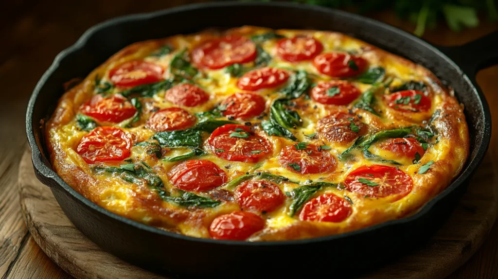 A golden-brown Italian frittata in a cast iron skillet with vibrant vegetables and melted cheese.