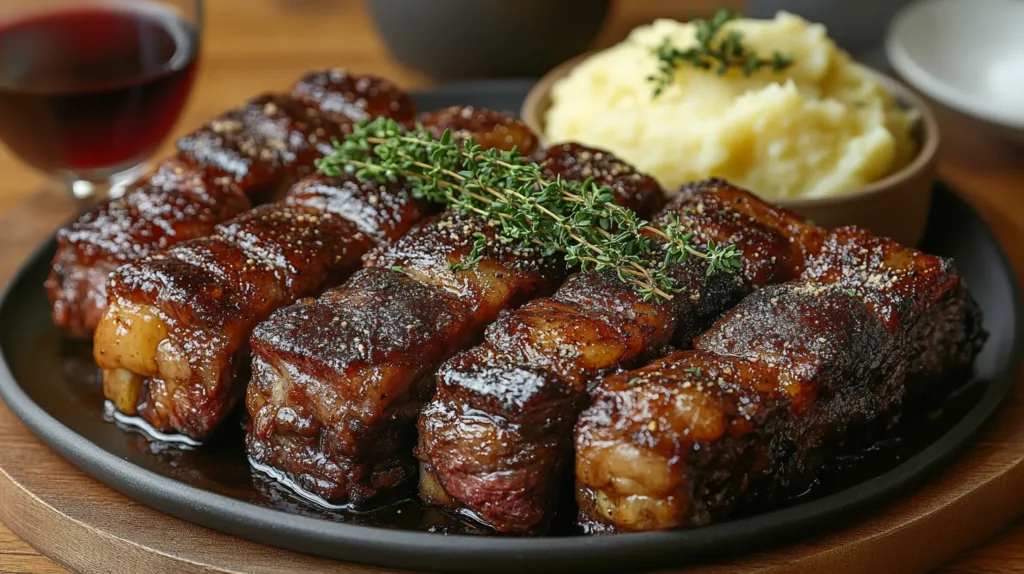 Plated oxtails and short ribs with mashed potatoes and wine.